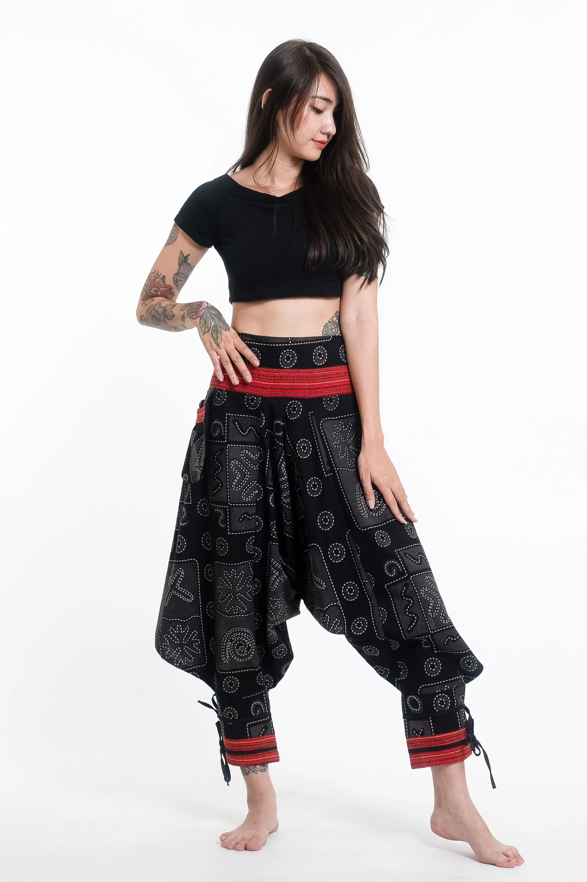 Black and Gray Thai Hill Tribe Fabric Women's Harem Pants with Ankle Straps