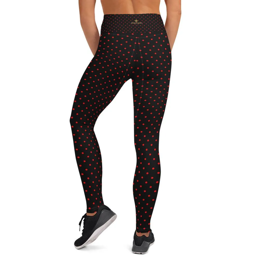 Black Beetles Women's Leggings, Polka Dots Long Yoga Pants Tights- Made in USA/EU