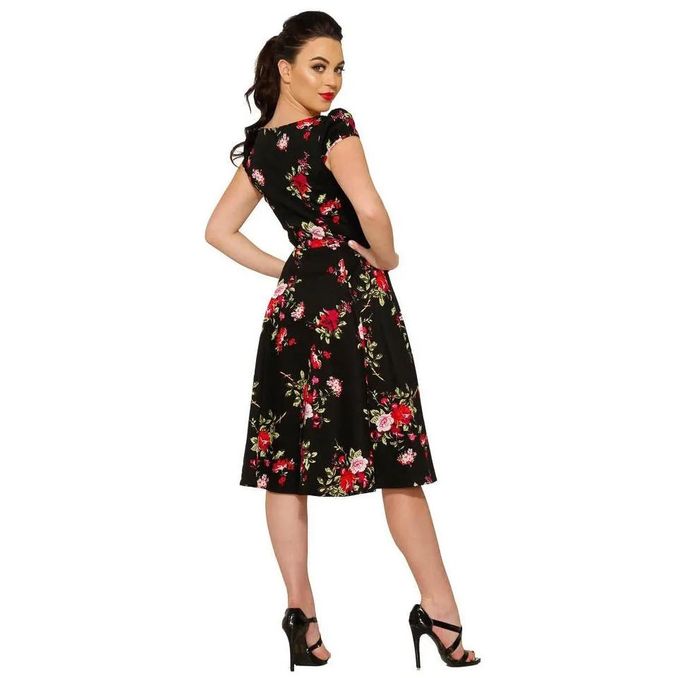 Black Floral Blossom Print Rockabilly 50s Swing Dress