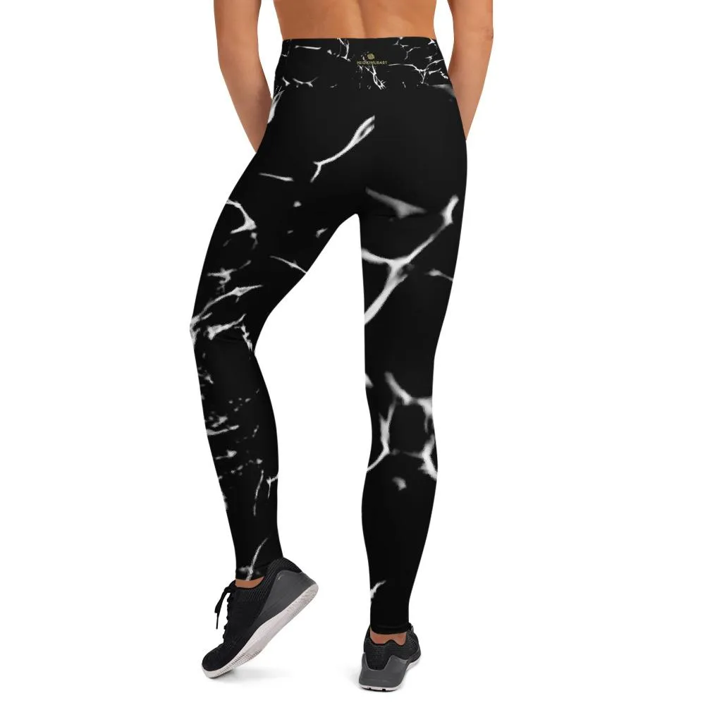 Black Marble Print Women's Leggings, Modern Long Yoga Leggings - Made in USA/EU/MX