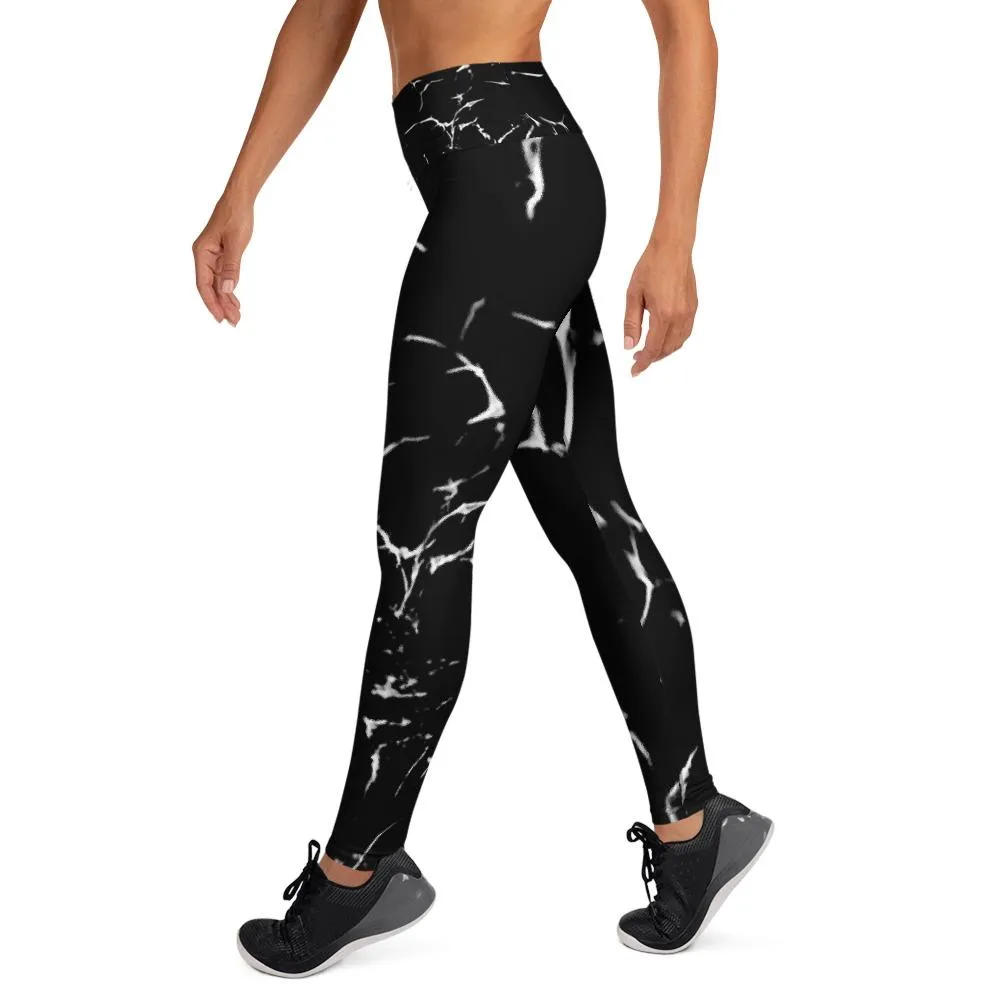 Black Marble Print Women's Leggings, Modern Long Yoga Leggings - Made in USA/EU/MX