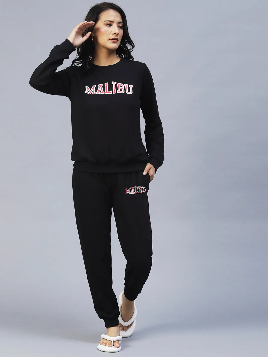 Black Printed Round Neck Tracksuit