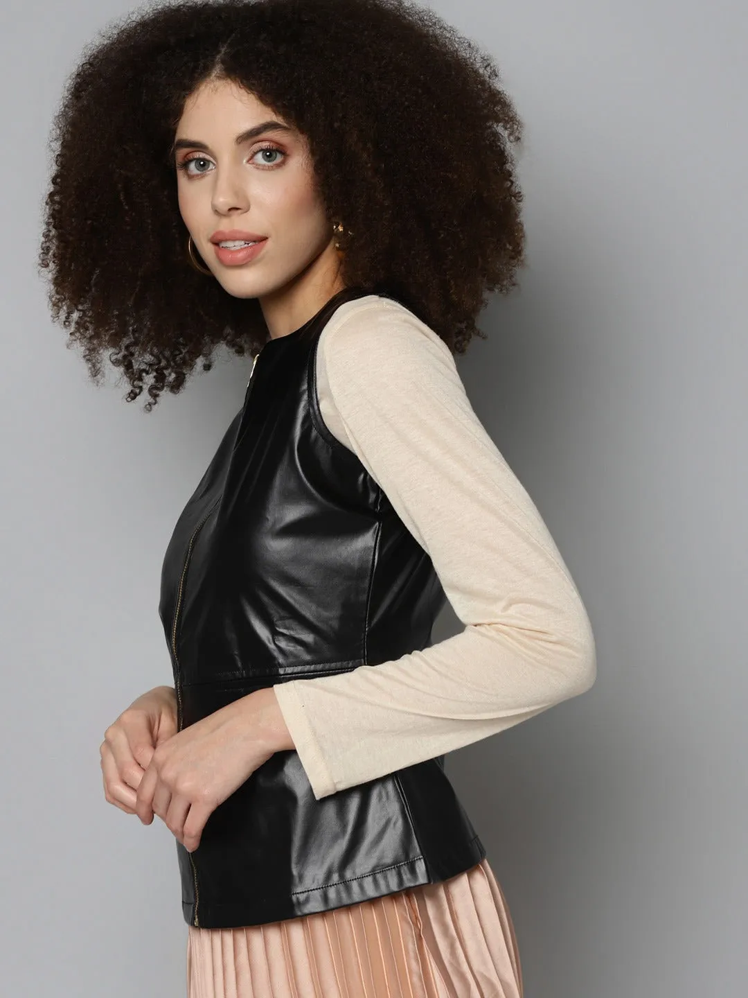 Black Sleeveless PU Peplum Jacket