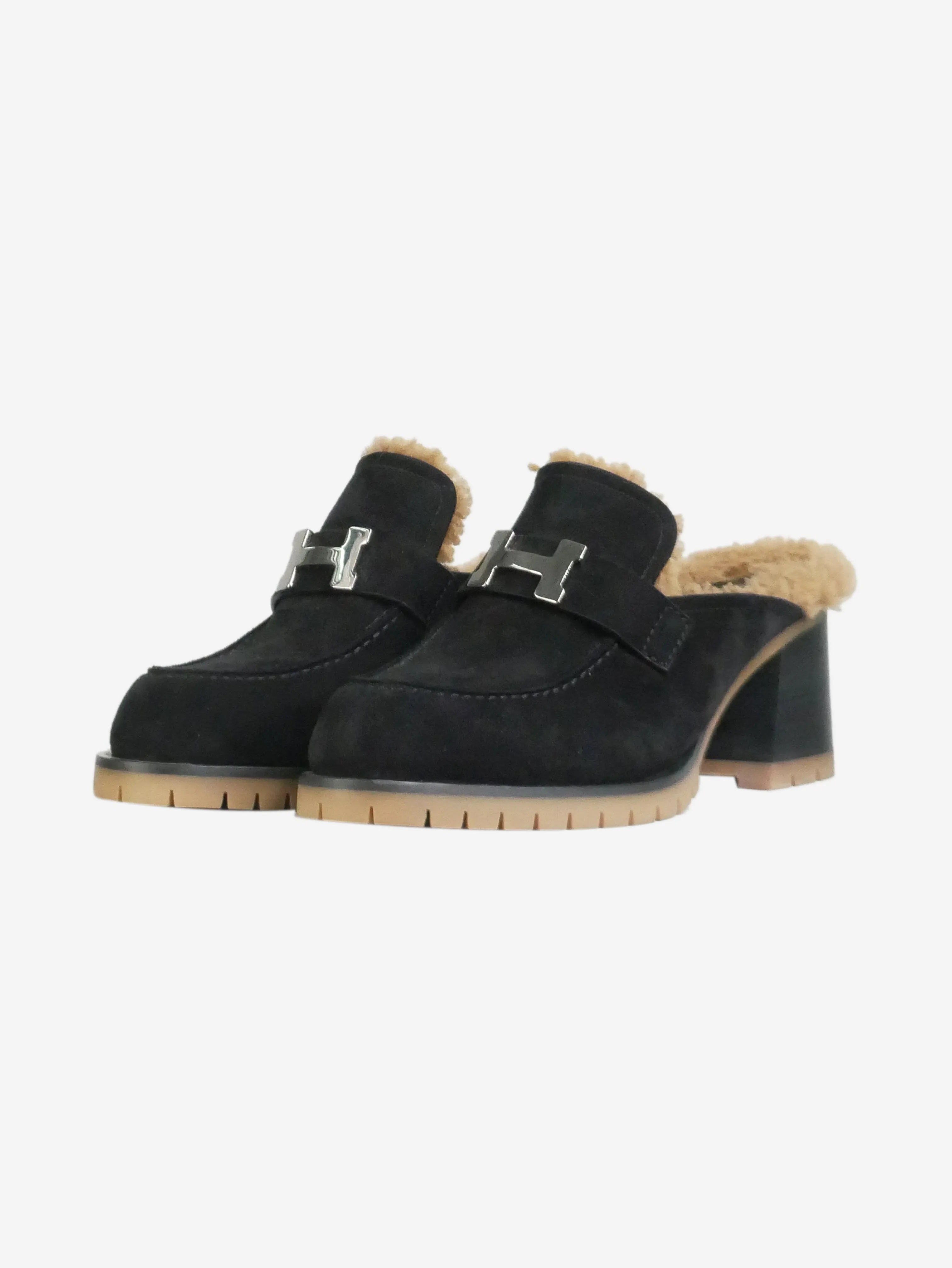 Black suede and sheepskin-lined mules - size EU 38