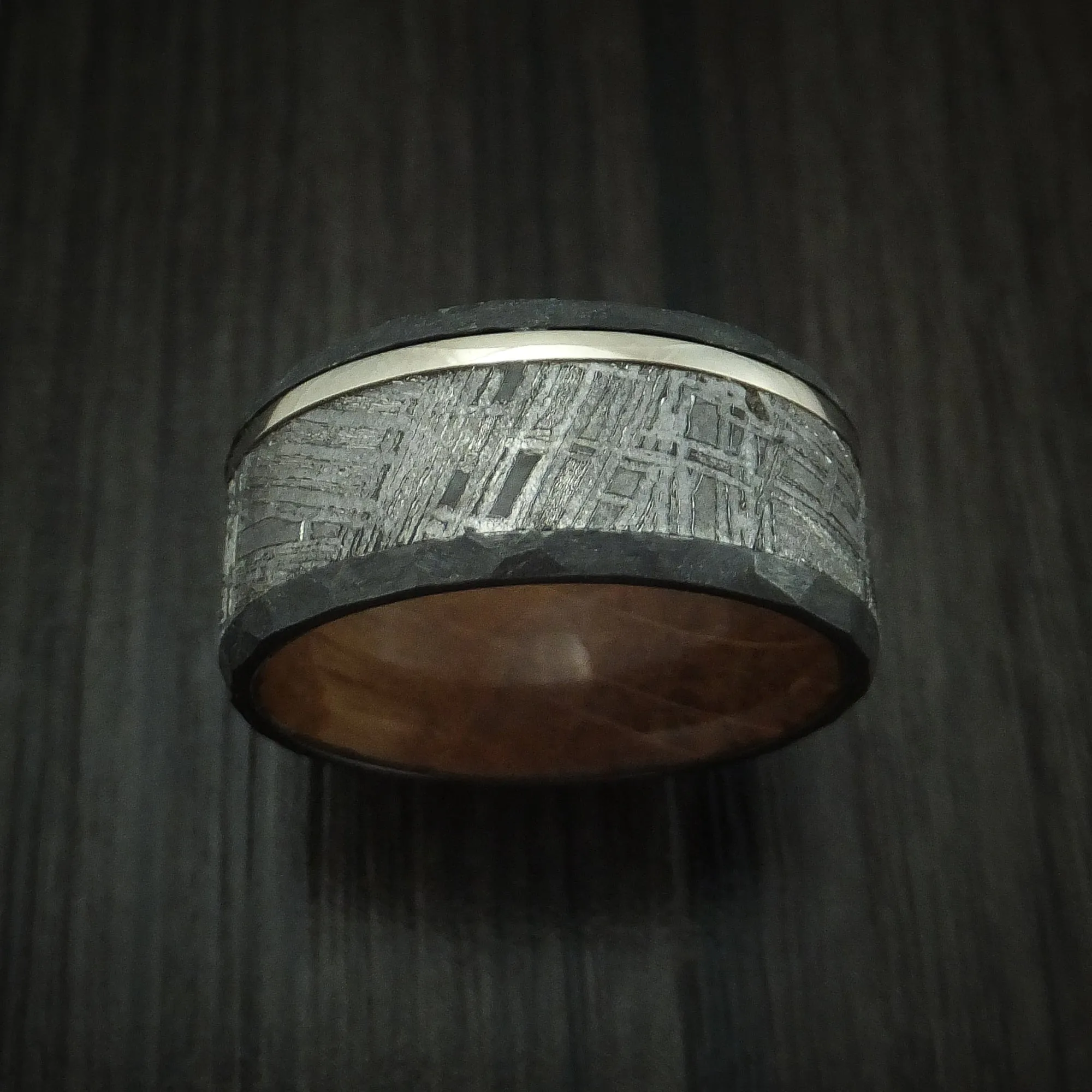 Black Titanium and Meteorite Men's Ring with Platinum and Wood Sleeve Custom Made