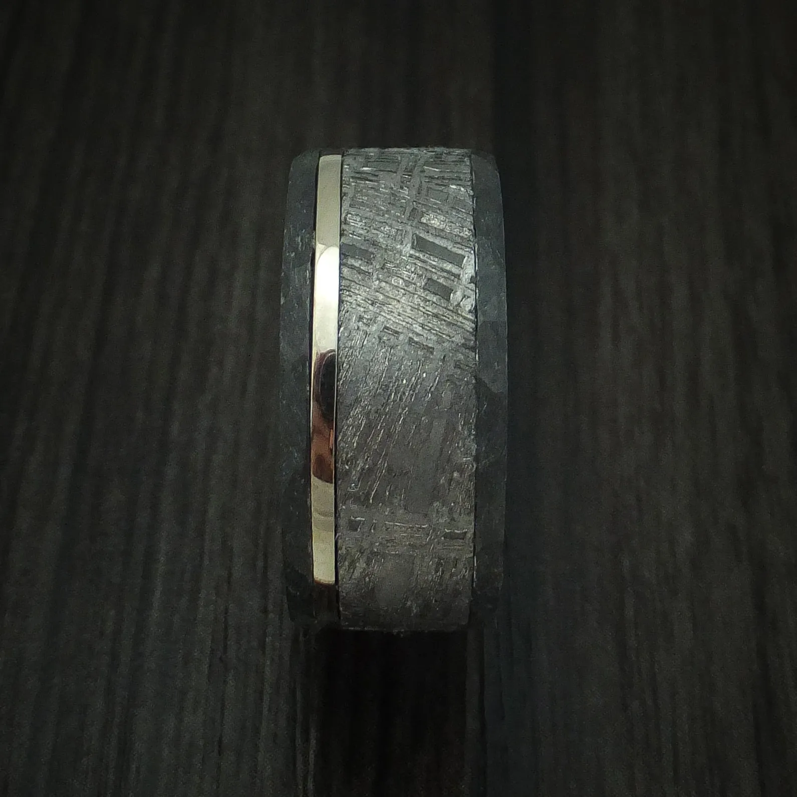 Black Titanium and Meteorite Men's Ring with Platinum and Wood Sleeve Custom Made