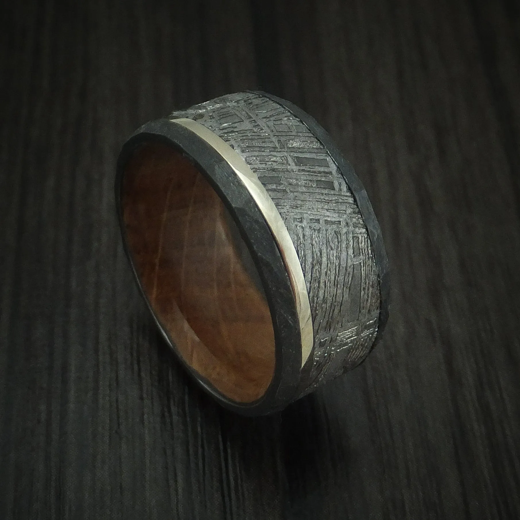 Black Titanium and Meteorite Men's Ring with Platinum and Wood Sleeve Custom Made