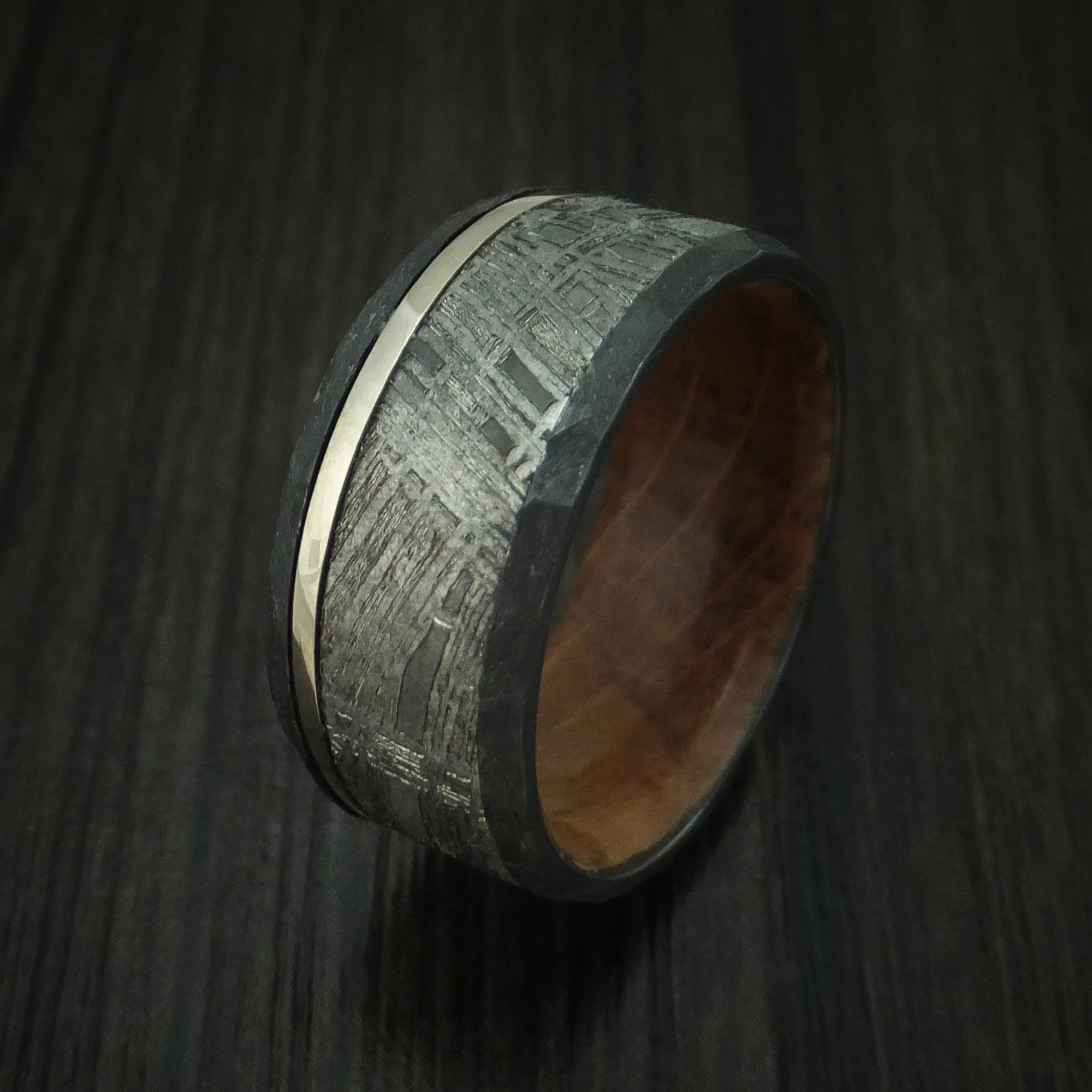 Black Titanium and Meteorite Men's Ring with Platinum and Wood Sleeve Custom Made