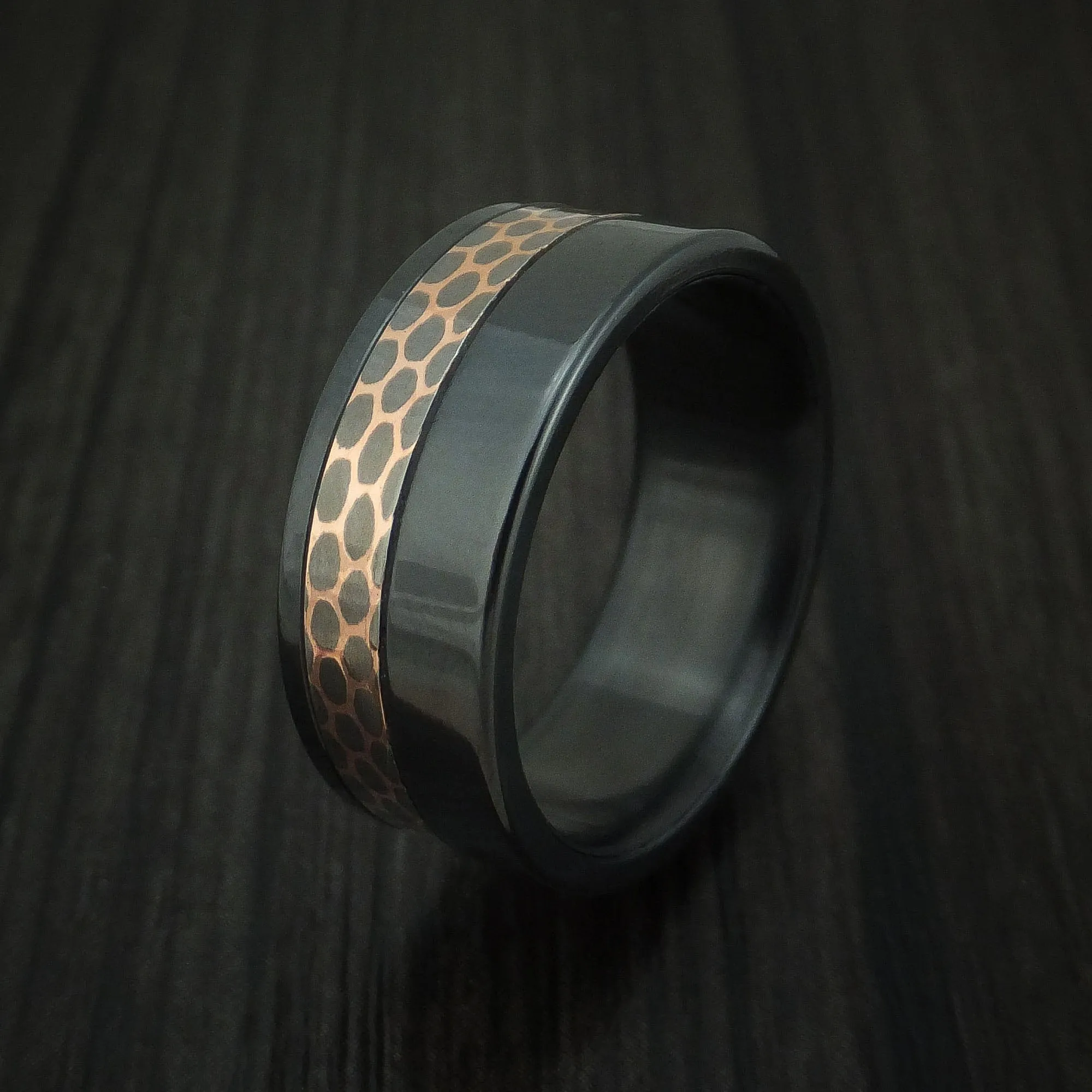 Black Titanium and Superconductor Men's Ring Custom Made Titanium-Niobium and Copper Band