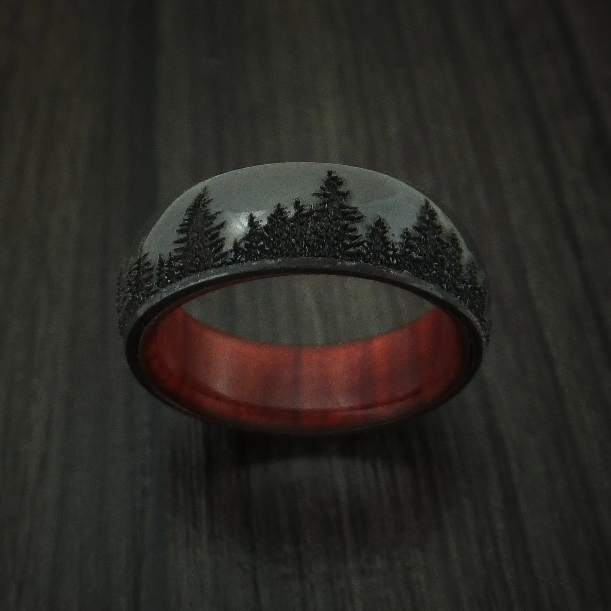 Black Titanium Men's Ring with Spruce Pine Tree Design and Hardwood Sleeve Custom Made Band