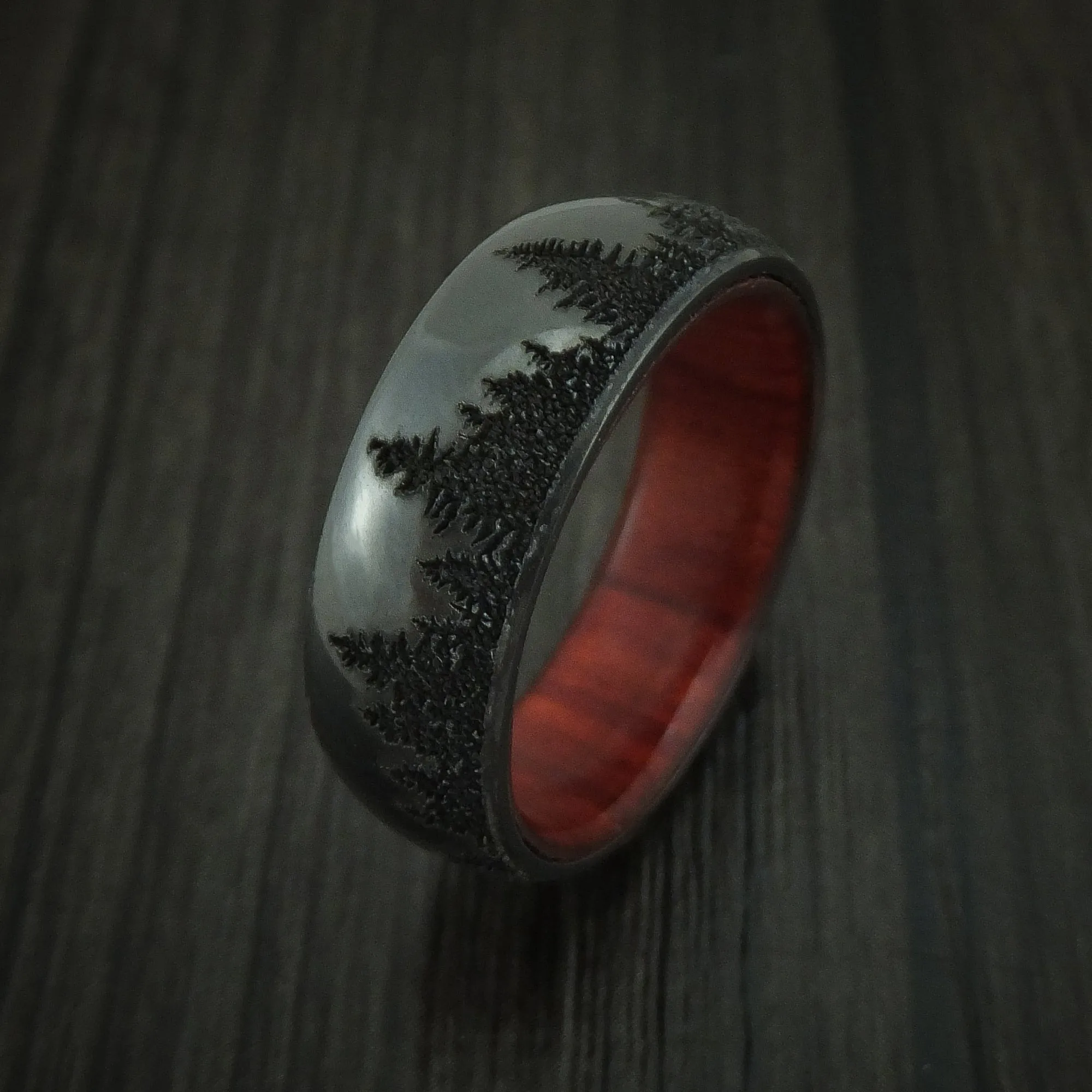 Black Titanium Men's Ring with Spruce Pine Tree Design and Hardwood Sleeve Custom Made Band