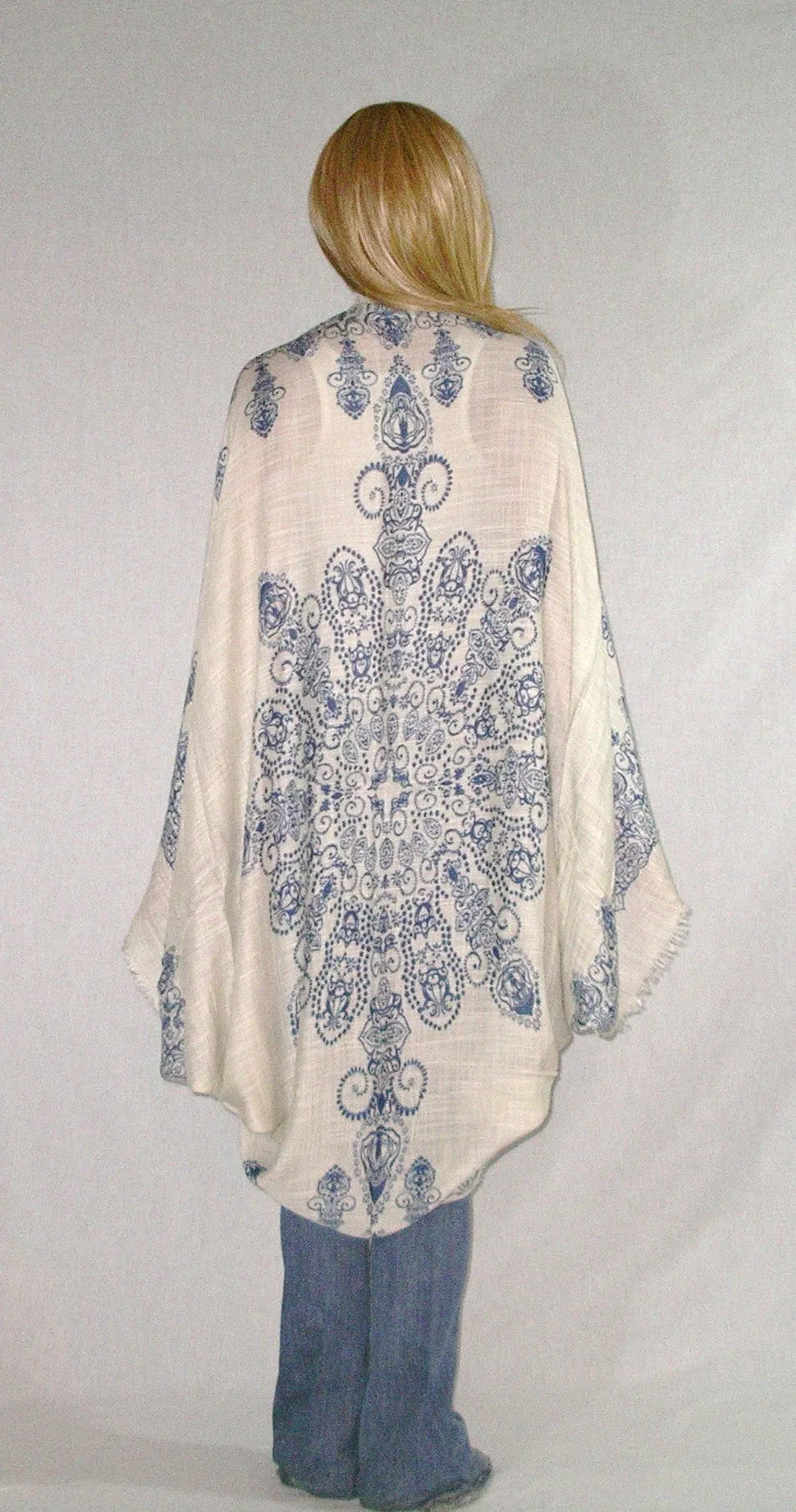 Boho Kimono Navy Blue And White Cocoon With Henna Like Floral Pattern Fringed Edges Natural Viscose Mandala Tattoo Buddhist Hindu One Size Fits All