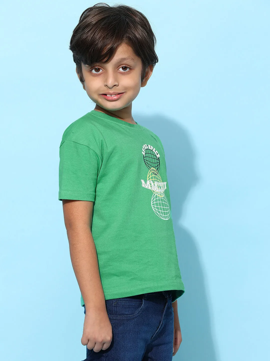 Boys Green 100% Cotton Printed T-shirt