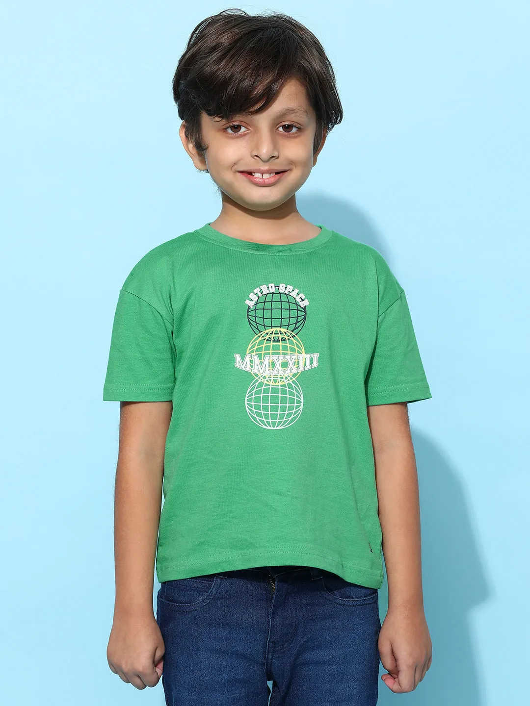 Boys Green 100% Cotton Printed T-shirt