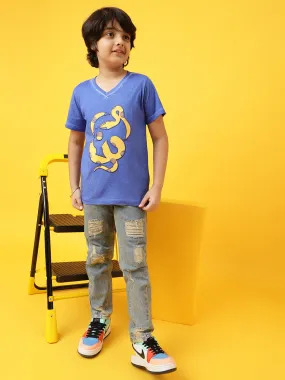 Boys Royal Blue Cotton Printed  T shirt