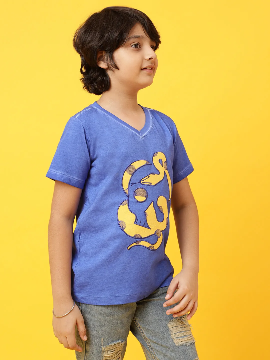 Boys Royal Blue Cotton Printed  T shirt