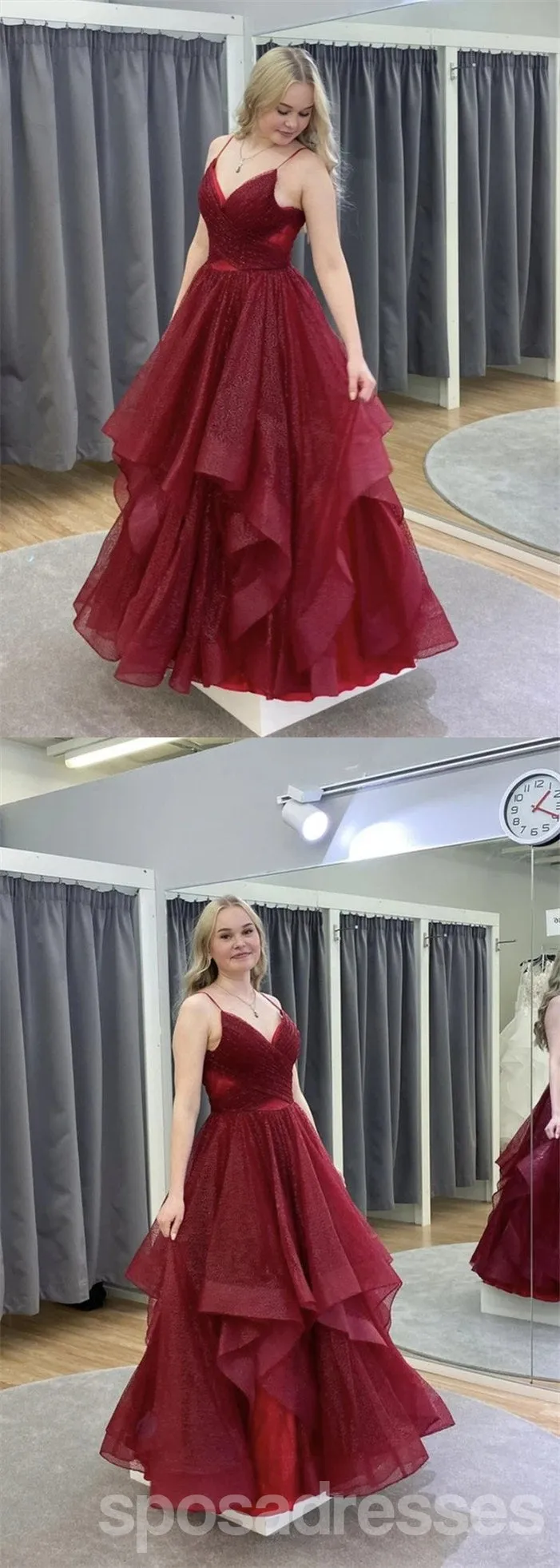 Burgundy A-line Spaghetti Straps V-neck Long Prom Dresses Online,12745