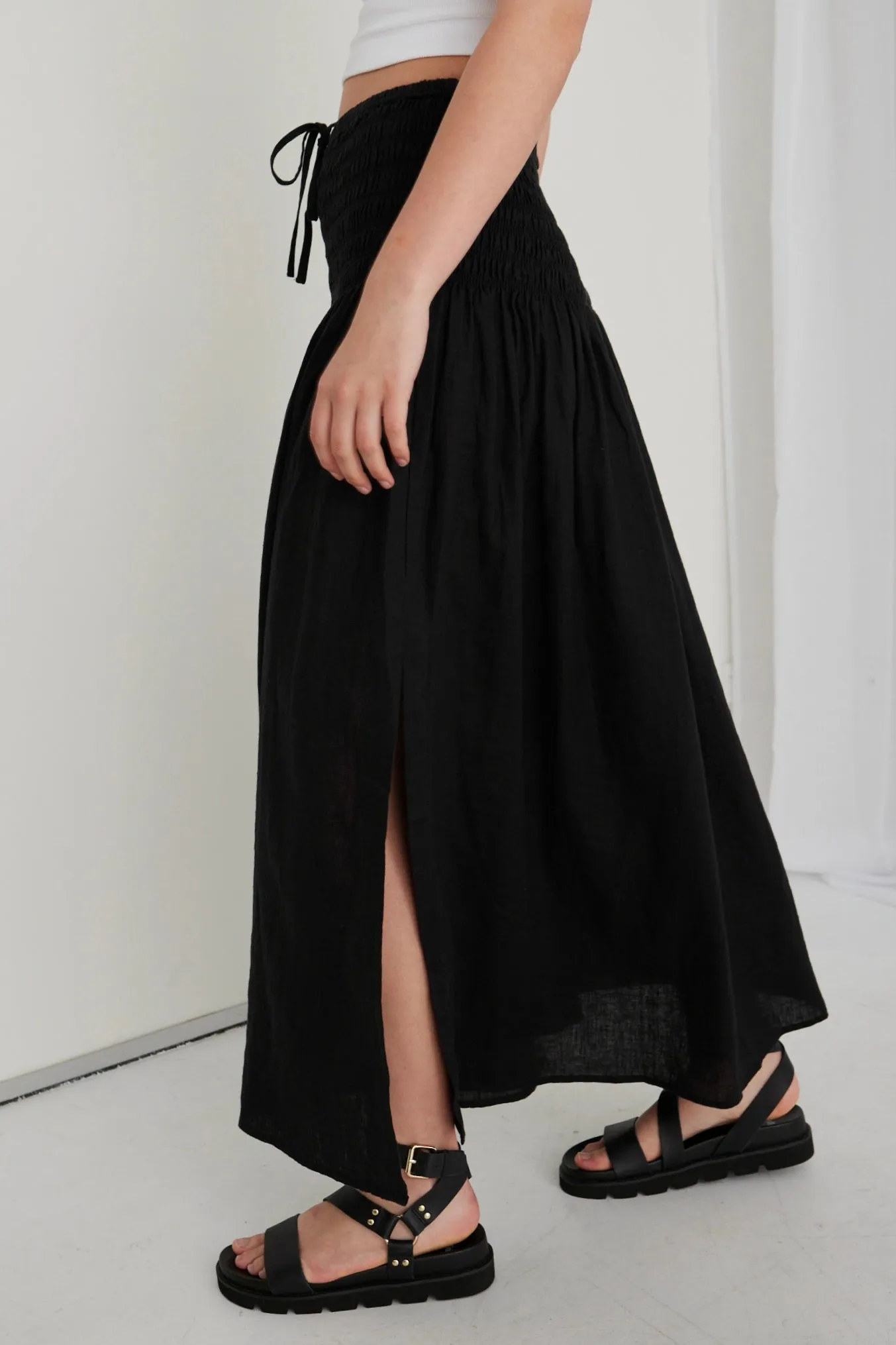 Byron Black Linen Shirred Waist Maxi Skirt