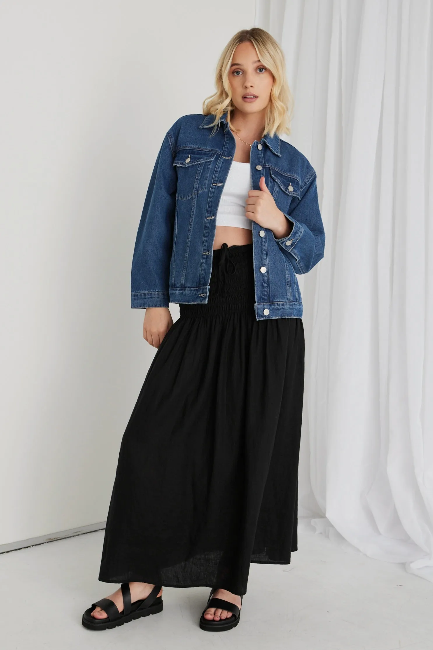 Byron Black Linen Shirred Waist Maxi Skirt