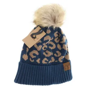 CC Pom Beanie - Blue Leopard