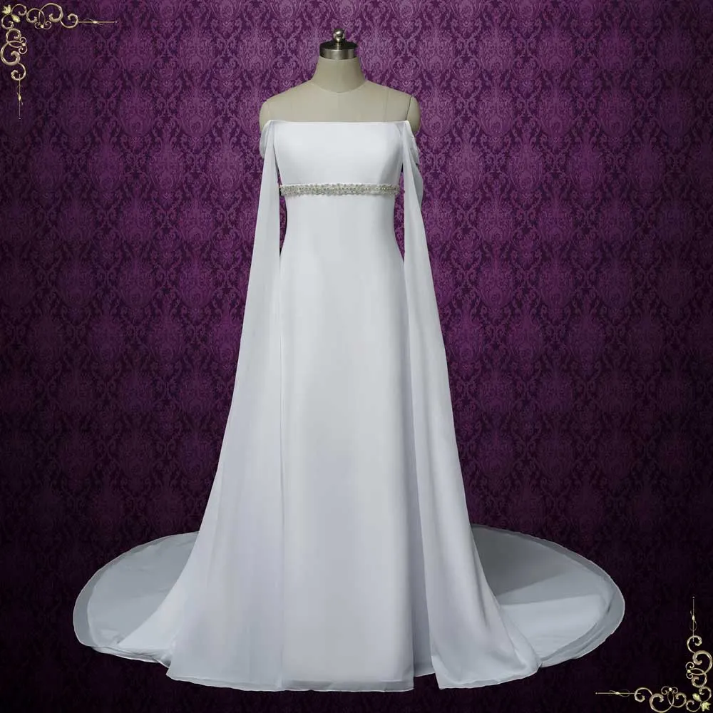 Celtic Medieval Inspired Chiffon Wedding Dress with Cape Sleeves | ADONIS