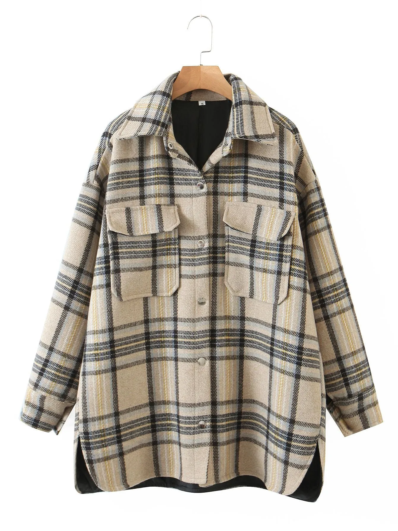 Colorblock Plaid Faux Wool Jacket Flannel Shirt Jacket