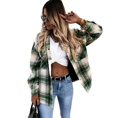 Colorblock Plaid Faux Wool Jacket Flannel Shirt Jacket