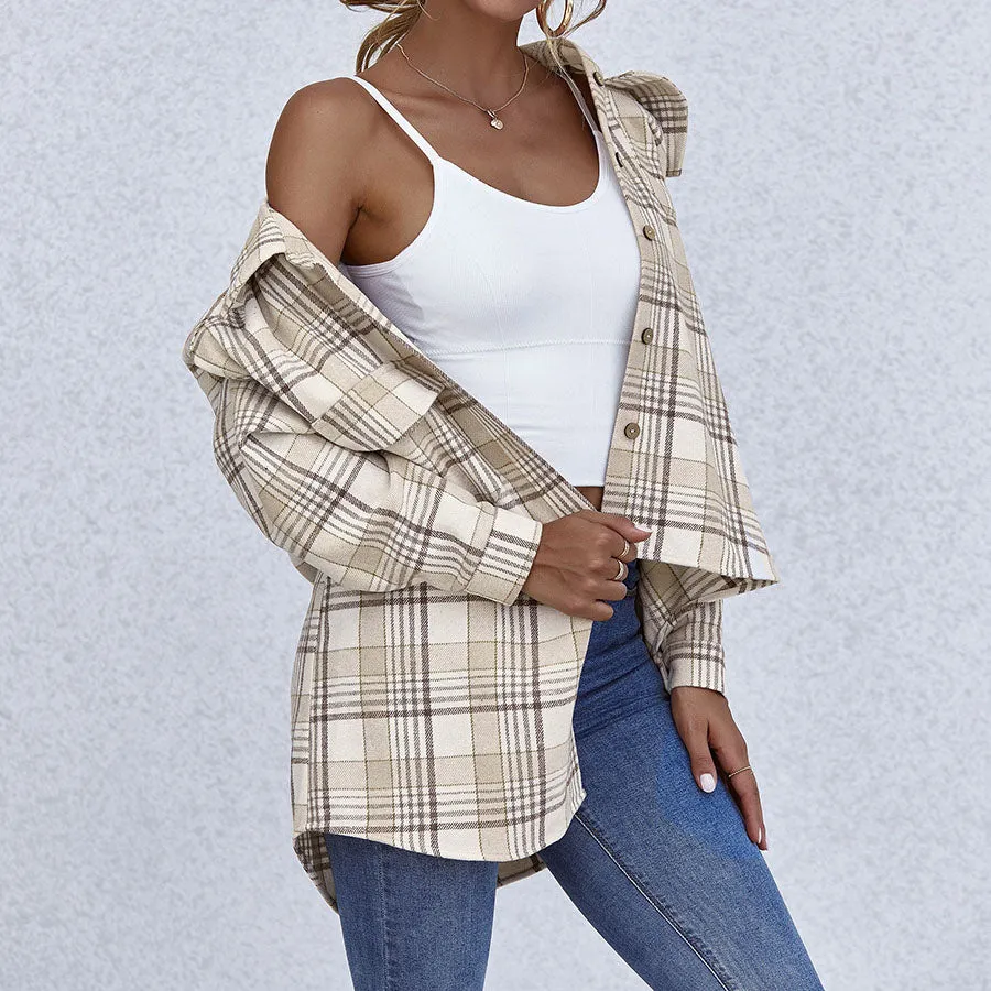 Colorblock Plaid Faux Wool Jacket Flannel Shirt Jacket