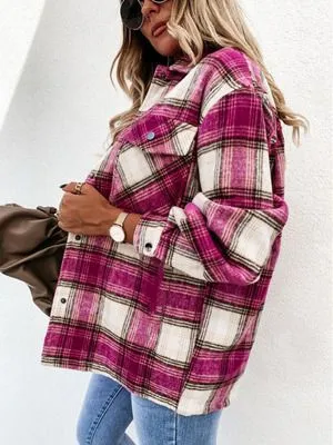 Colorblock Plaid Faux Wool Jacket Flannel Shirt Jacket