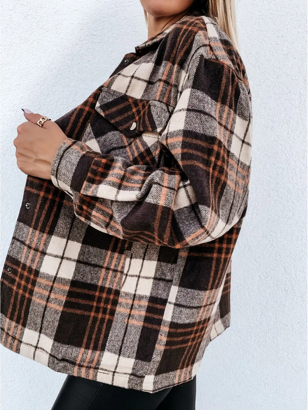 Colorblock Plaid Faux Wool Jacket Flannel Shirt Jacket