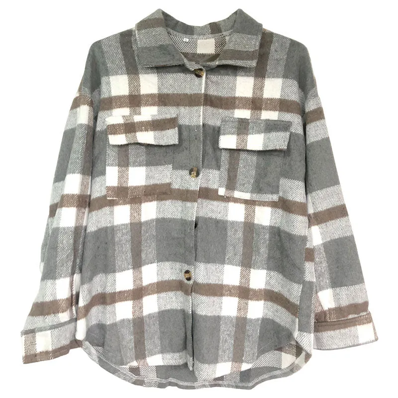 Colorblock Plaid Faux Wool Jacket Flannel Shirt Jacket