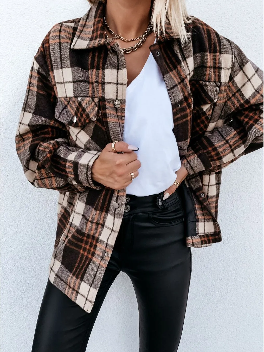 Colorblock Plaid Faux Wool Jacket Flannel Shirt Jacket