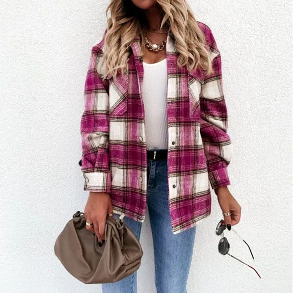 Colorblock Plaid Faux Wool Jacket Flannel Shirt Jacket