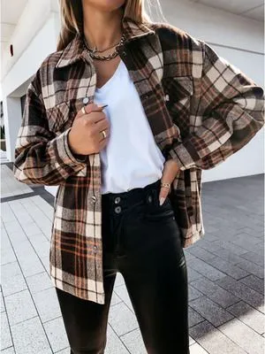 Colorblock Plaid Faux Wool Jacket Flannel Shirt Jacket