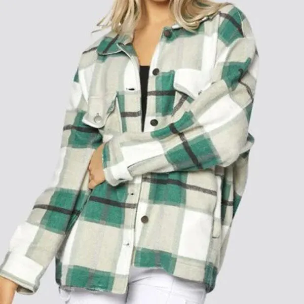 Colorblock Plaid Faux Wool Jacket Flannel Shirt Jacket