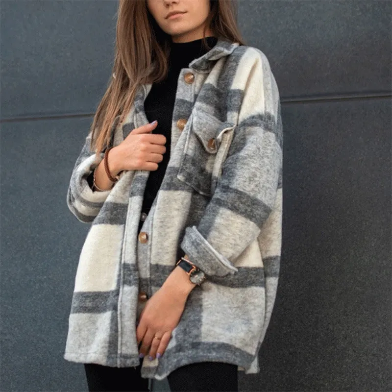 Colorblock Plaid Faux Wool Jacket Flannel Shirt Jacket