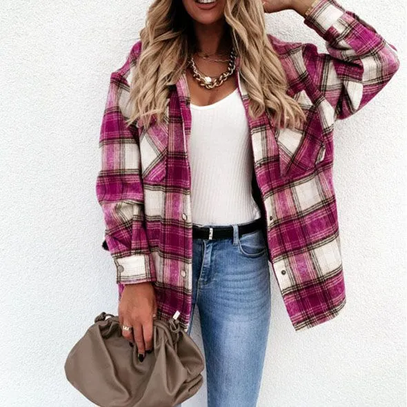 Colorblock Plaid Faux Wool Jacket Flannel Shirt Jacket