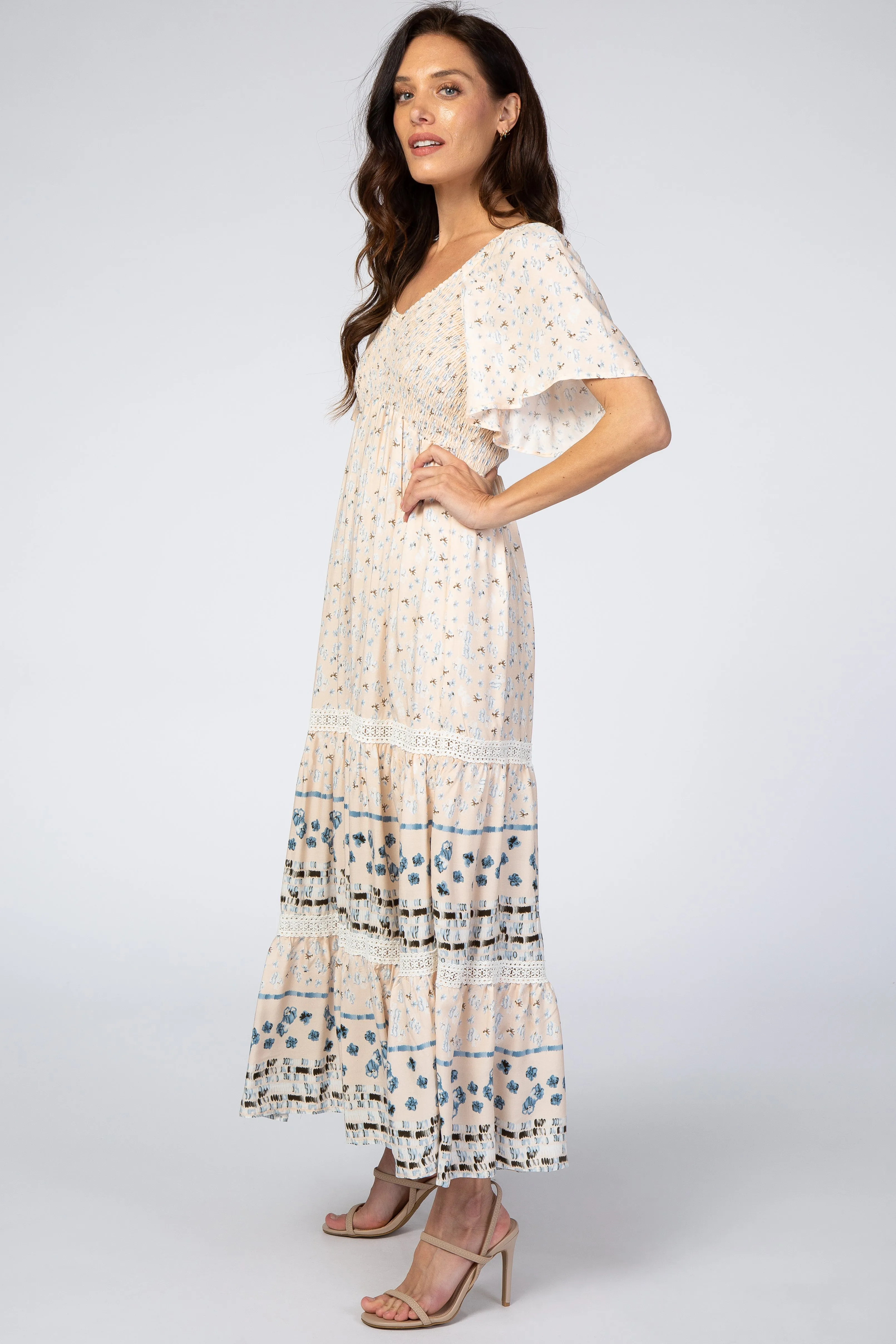 Cream Printed Smocked Midi Dress