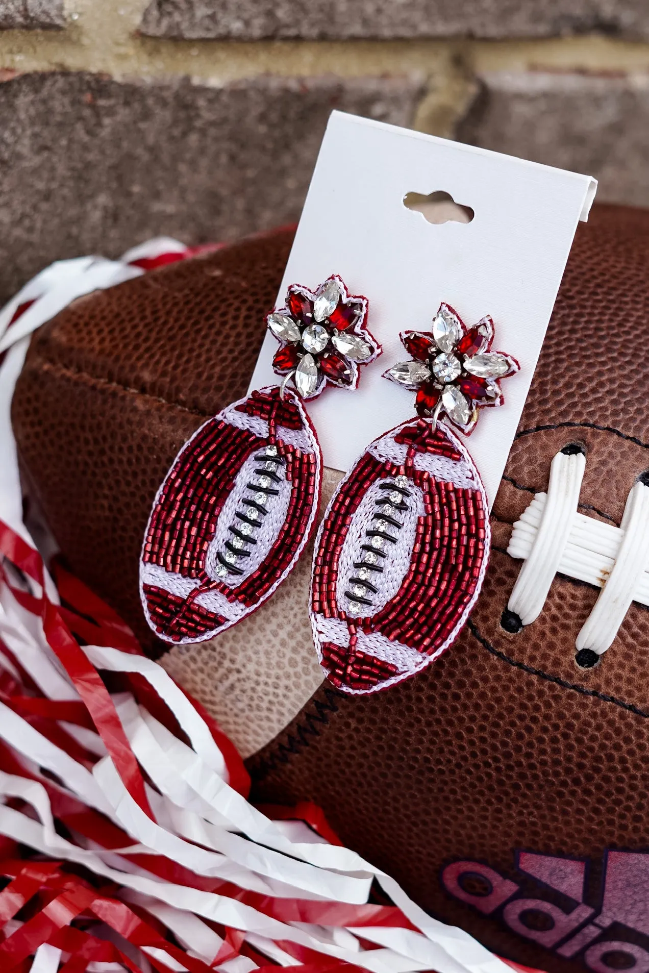 Crimson Embellished Football Earrings