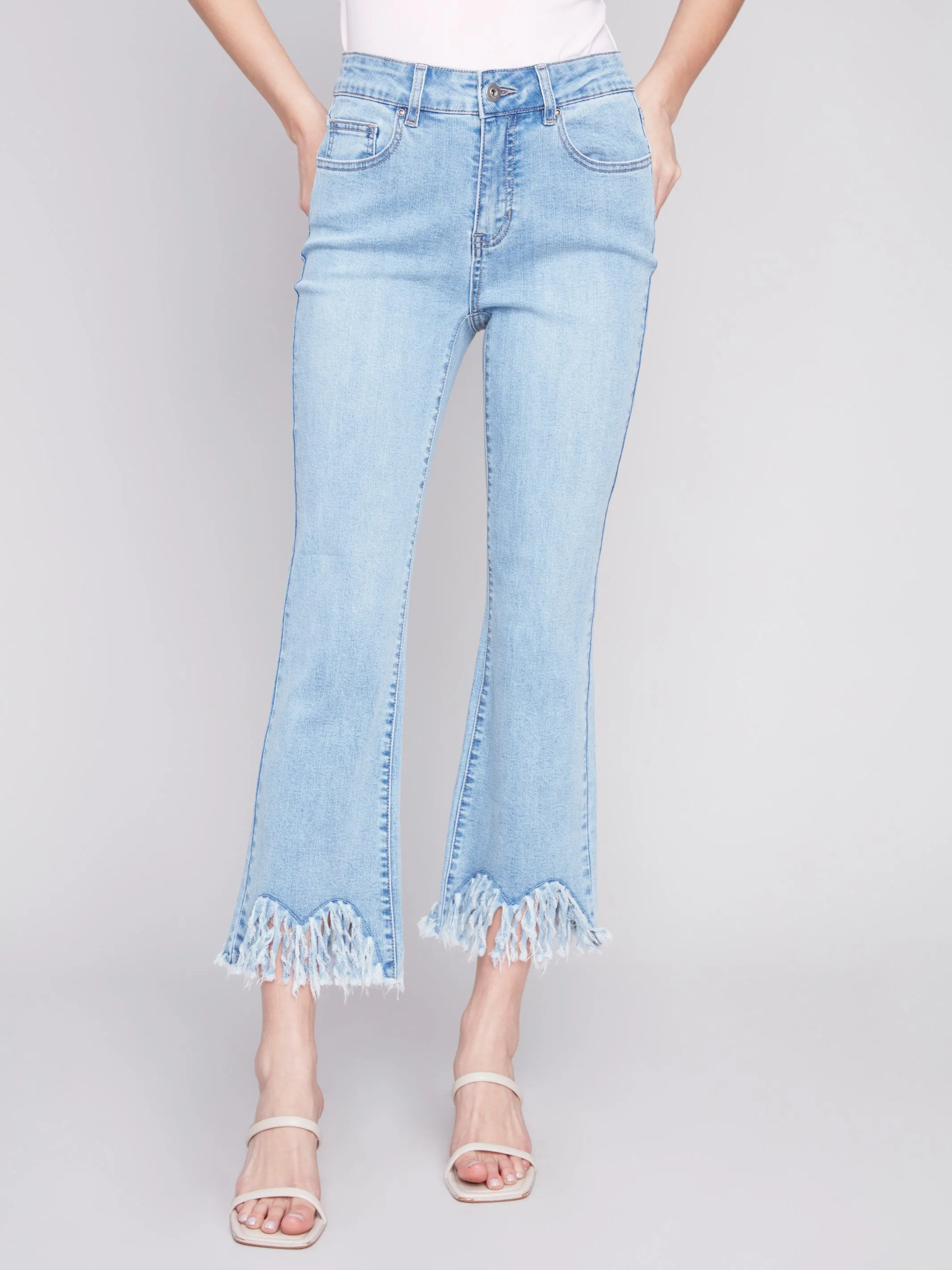 Cropped Jeans with Fringed Hem - Light Blue