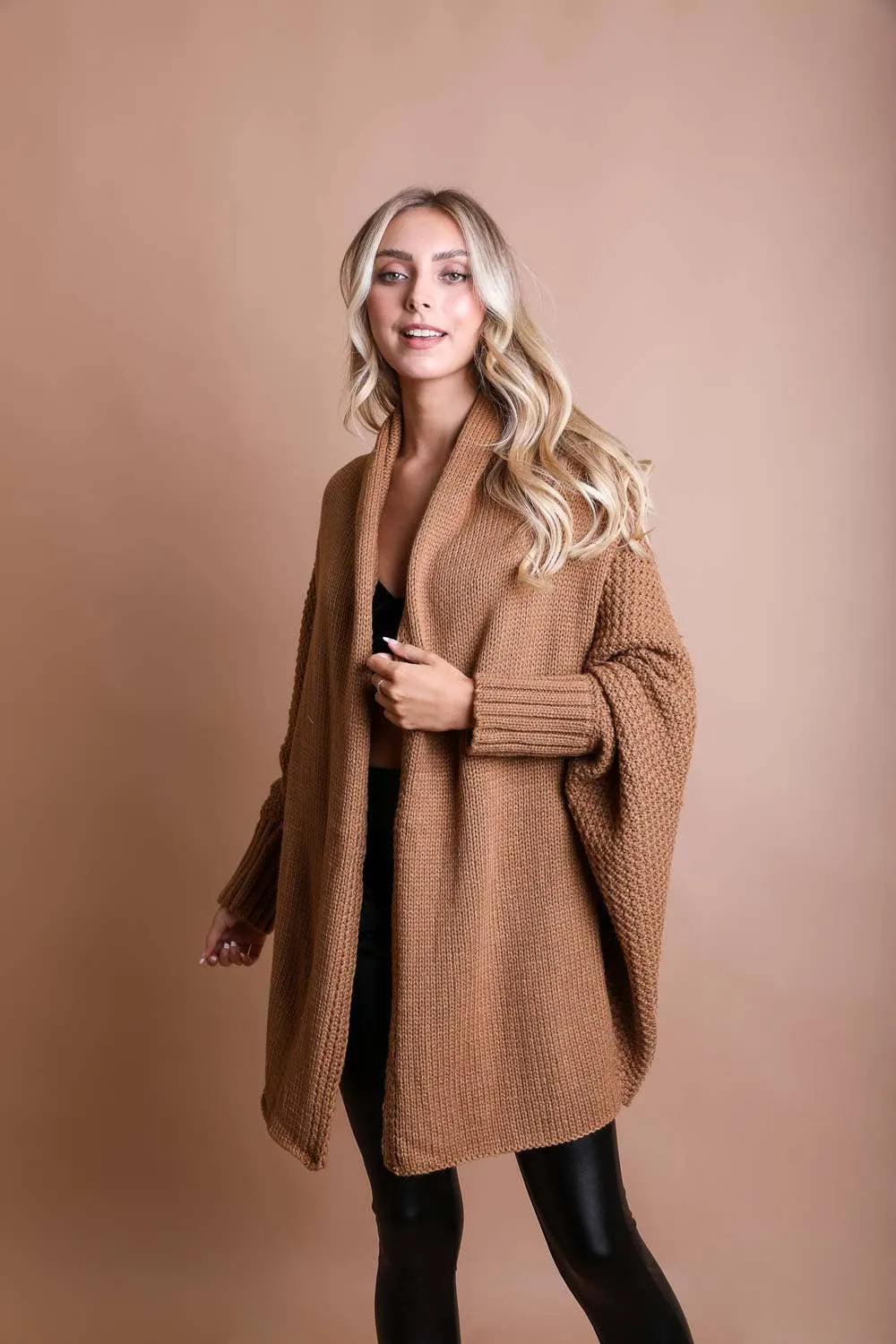 Cuddle Up Bat Sleeve Knit Cardigan - Camel