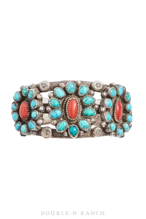 Cuff, Cluster, Turquoise & Coral, Vintage, Old Pawn, 3188