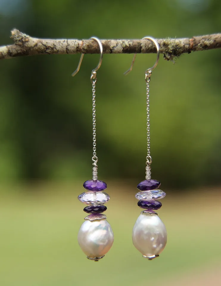 Dangle Ear Wires: Pearls, Amethyst, Zircon, Silver