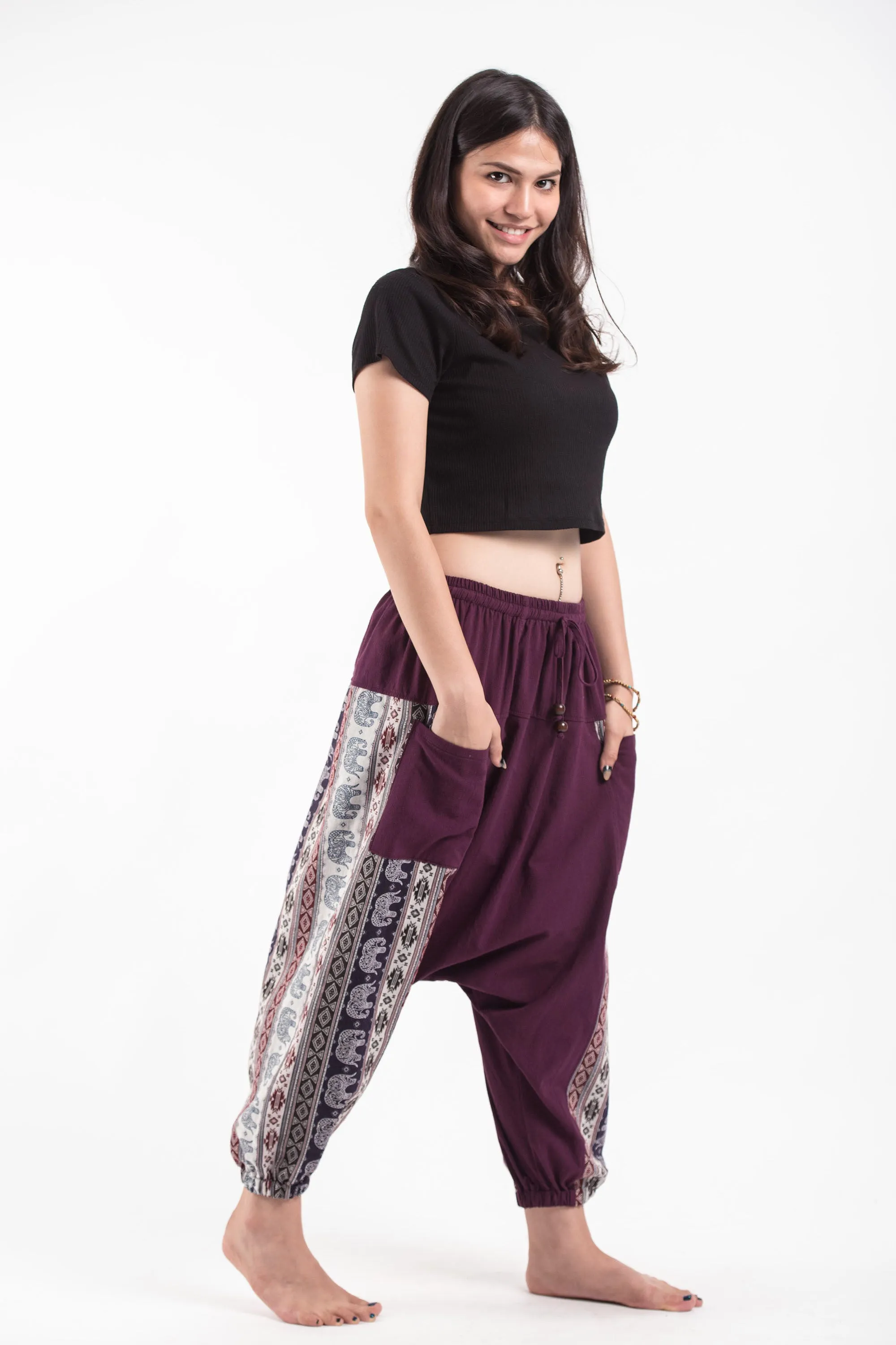 Elephant Aztec Cotton Women's Harem Pants in Purple