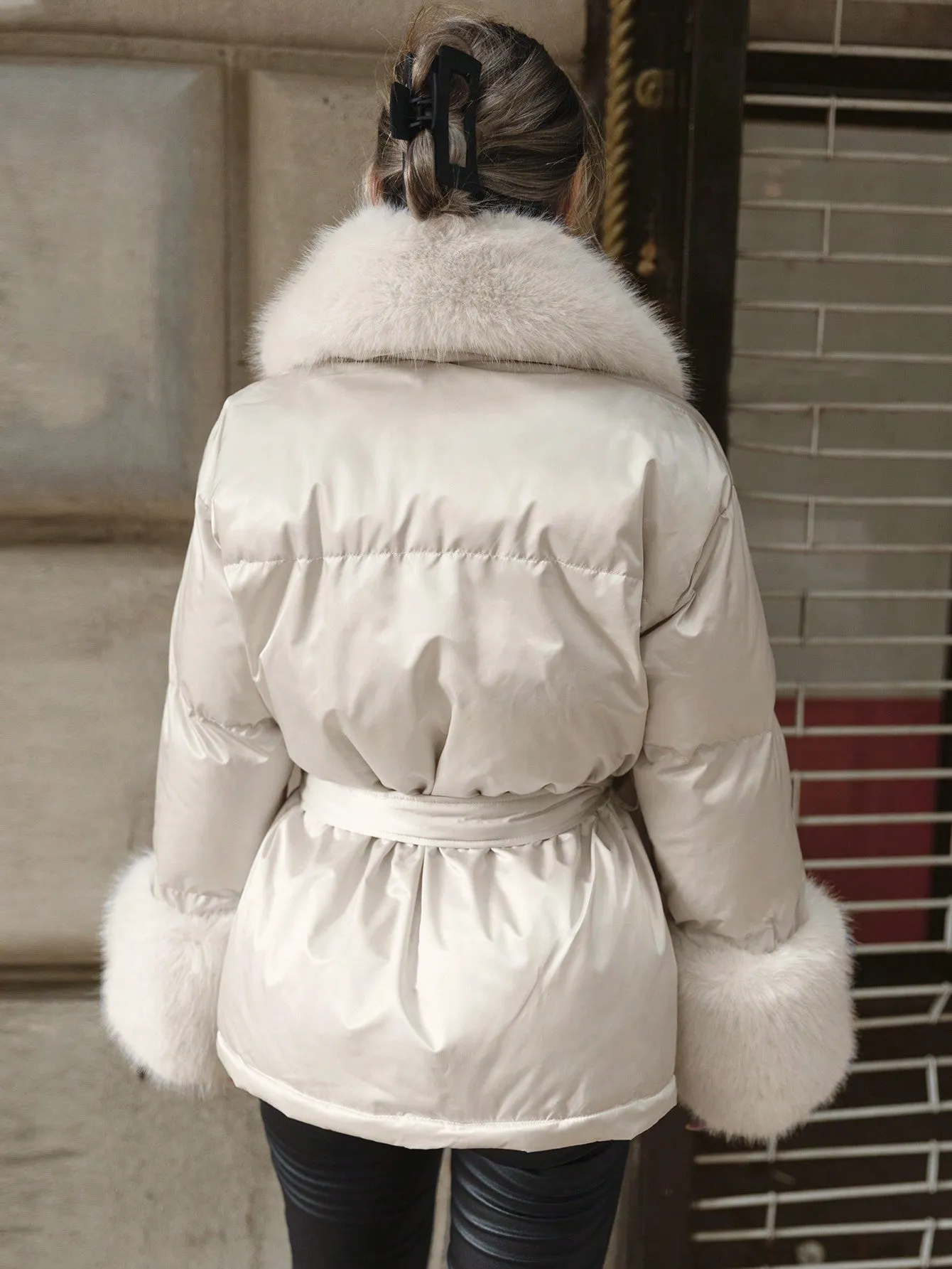 Faux Fur Collar Belted Puffer Coat