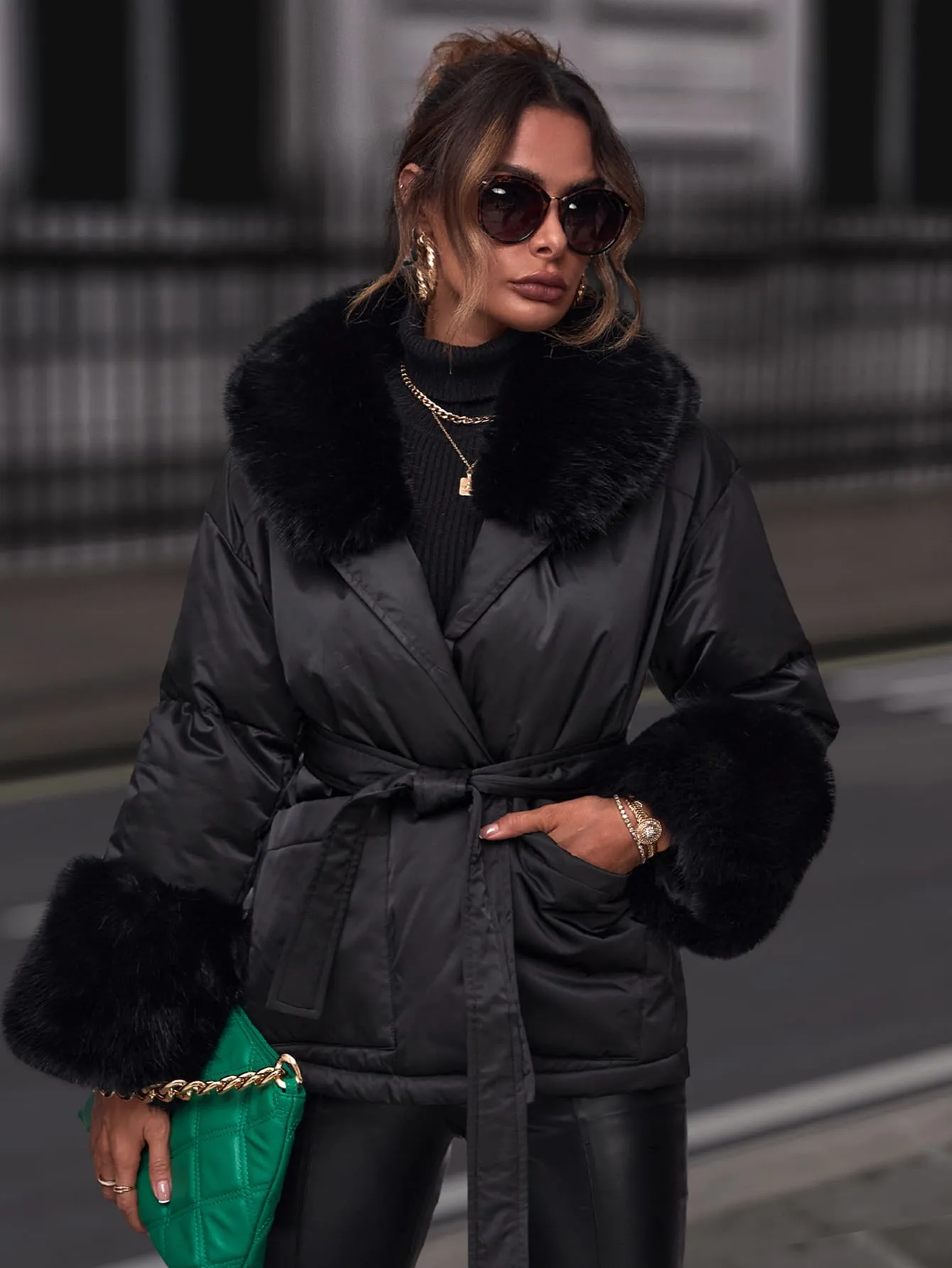 Faux Fur Collar Belted Puffer Coat