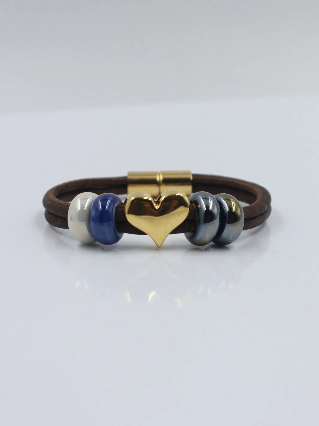 Forget Me Not - 18K Gold plated heart & Ceramic Cork Bracelet - BROWN