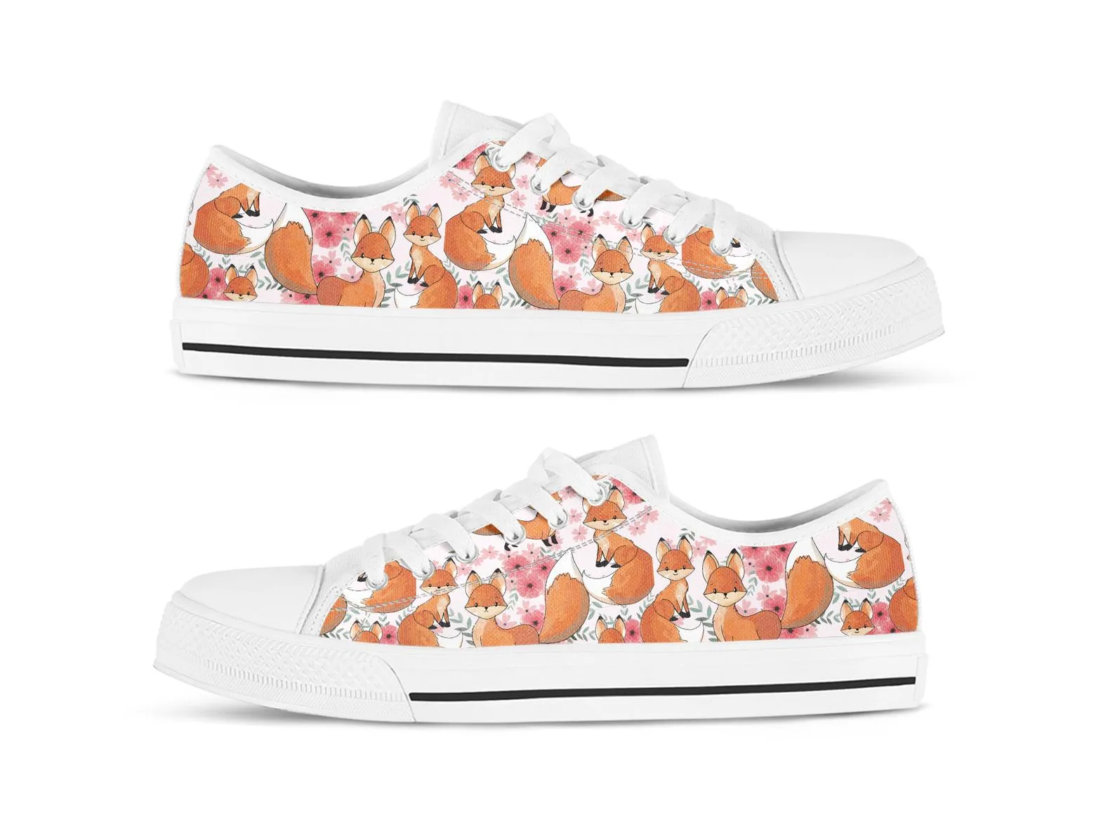 Fox Girl Shoes Fox Sneakers Fox Print Pattern Cute Shoes Fox Lover Gifts Custom Low Top Converse Style Sneakers For Adults Women & Men