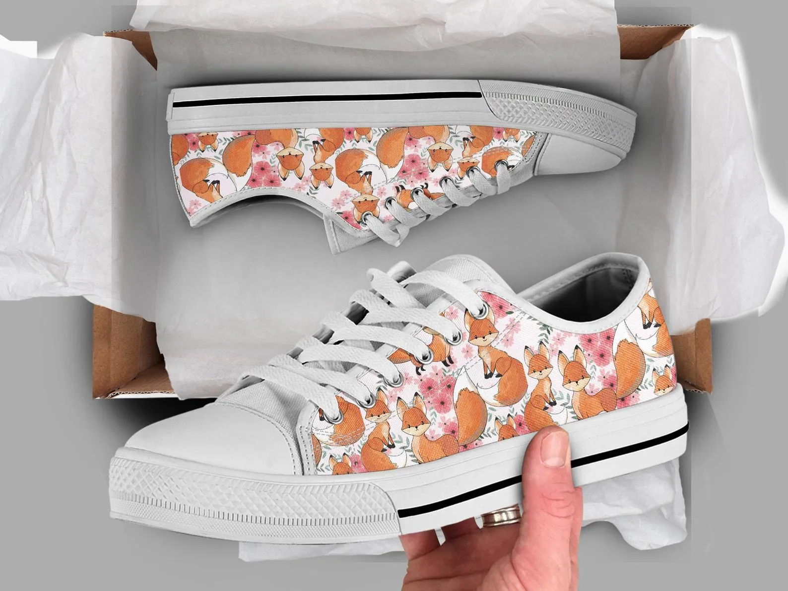 Fox Girl Shoes Fox Sneakers Fox Print Pattern Cute Shoes Fox Lover Gifts Custom Low Top Converse Style Sneakers For Adults Women & Men