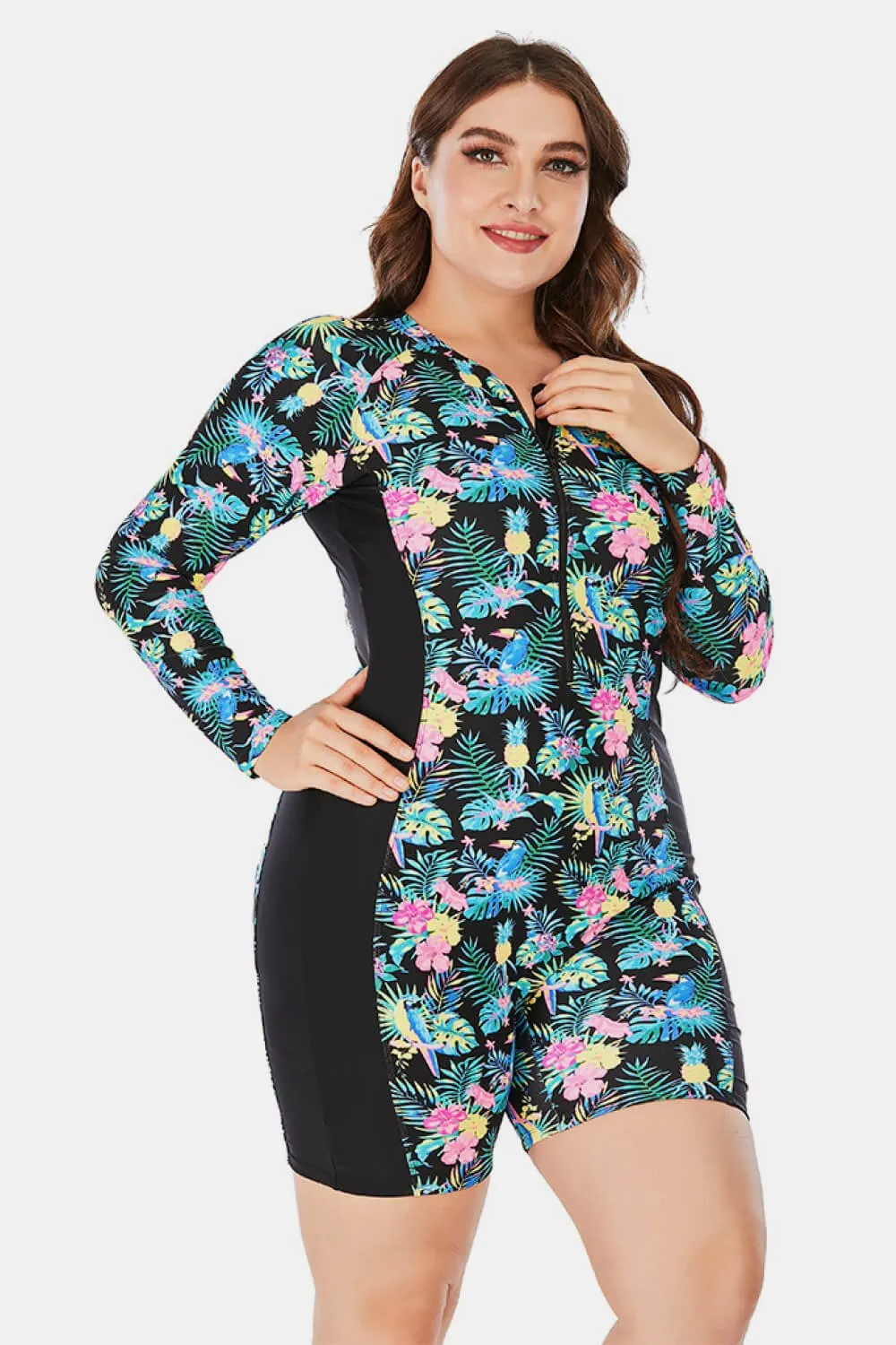 Gigi Plus Size Floral Zip Up Langarm Kurzer Neoprenanzug Zip Up Badeanzug